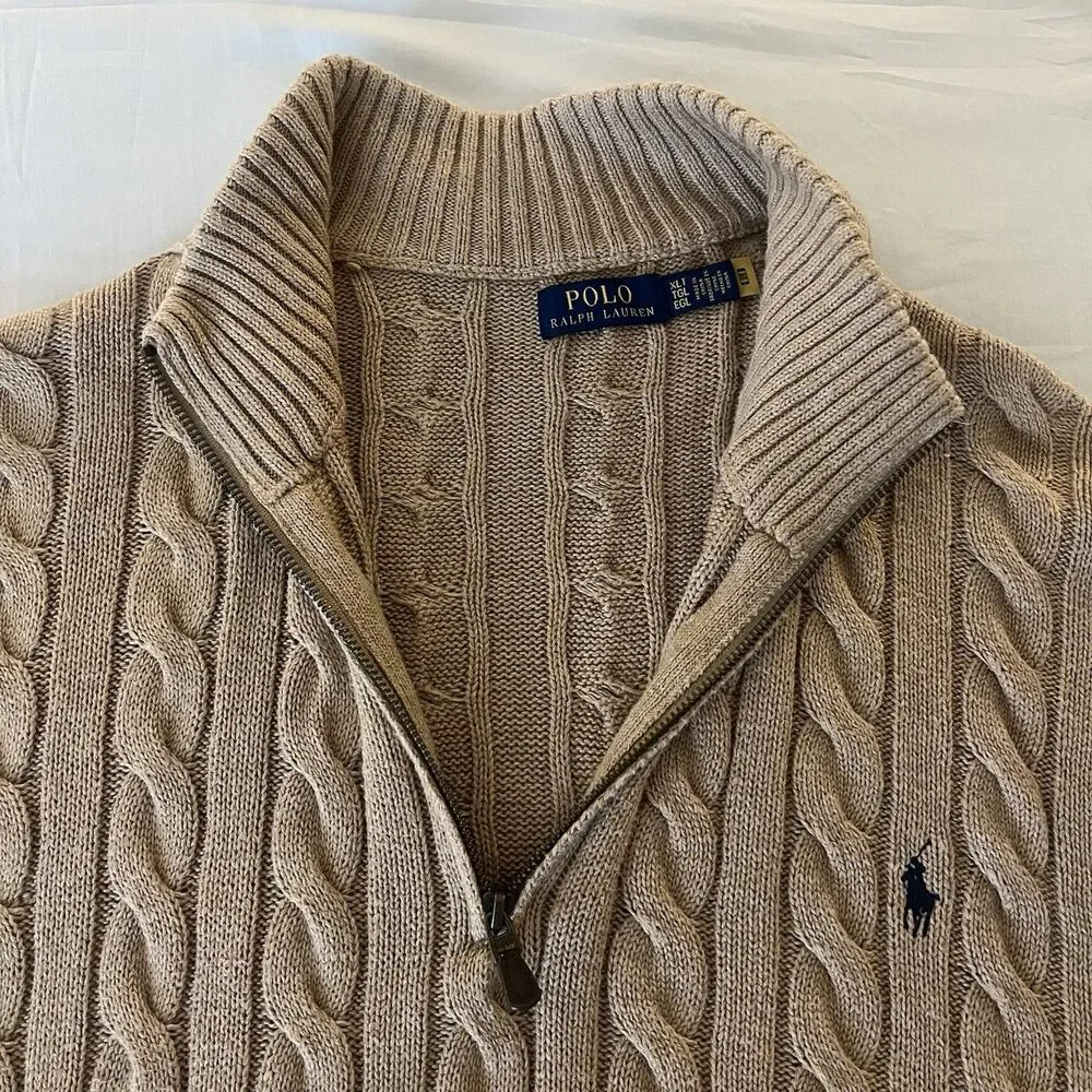 Polo Ralph Lauren Men’s Cable Knit Cotton Quarter Zip Sweater Camel Melange XLT